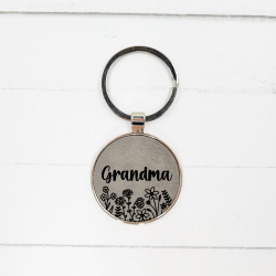 Floral Name Engraved Leatherette Keychain